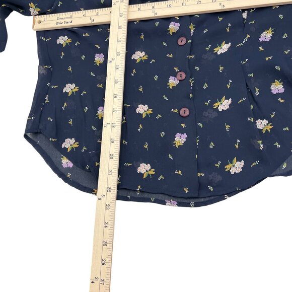 Jonathan Martin Floral Button-Up Blouse Size L Navy Long Sleeve Ruffle Collar - Picture 4 of 5